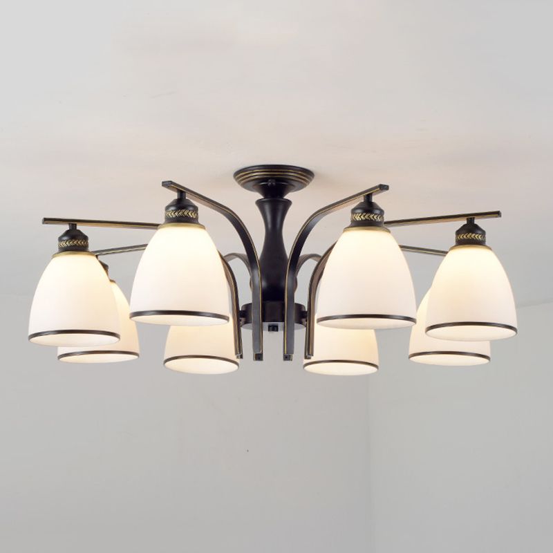 Black Radial Ceiling Light in Traditional Retro Style Wrought Iron Semi Flush Mount with Glass Shade