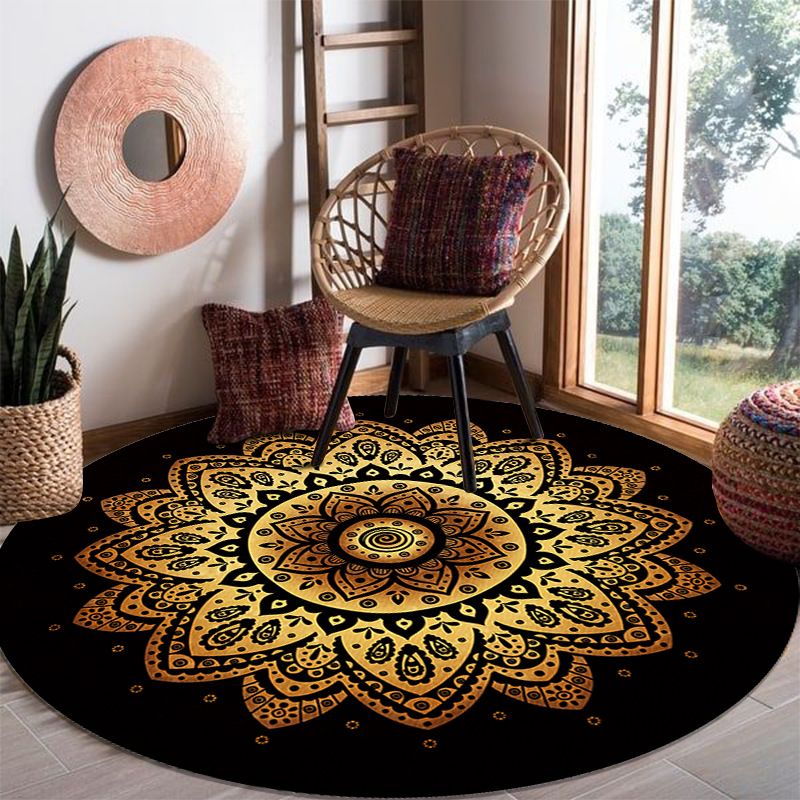 Golden Moroccan Rug Hot Stamping Print Polyester Rug Anti-Slip Carpet for Living Room
