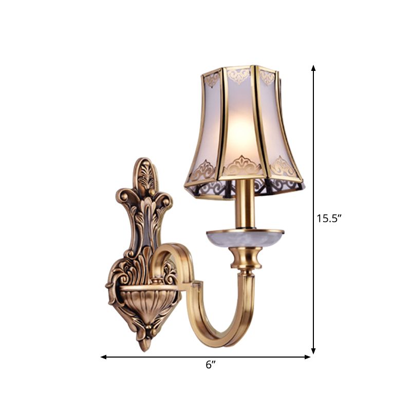 1/2 Heads Wall Lighting Fixture Colonial Style Flared Translucent Glass Wall Mounted Lamp in Brass
