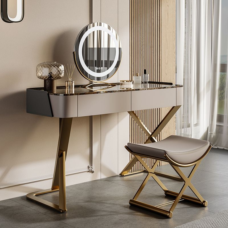 Slate Vanity Table 2-Drawer Stool Vanity Set with Lights Mirror