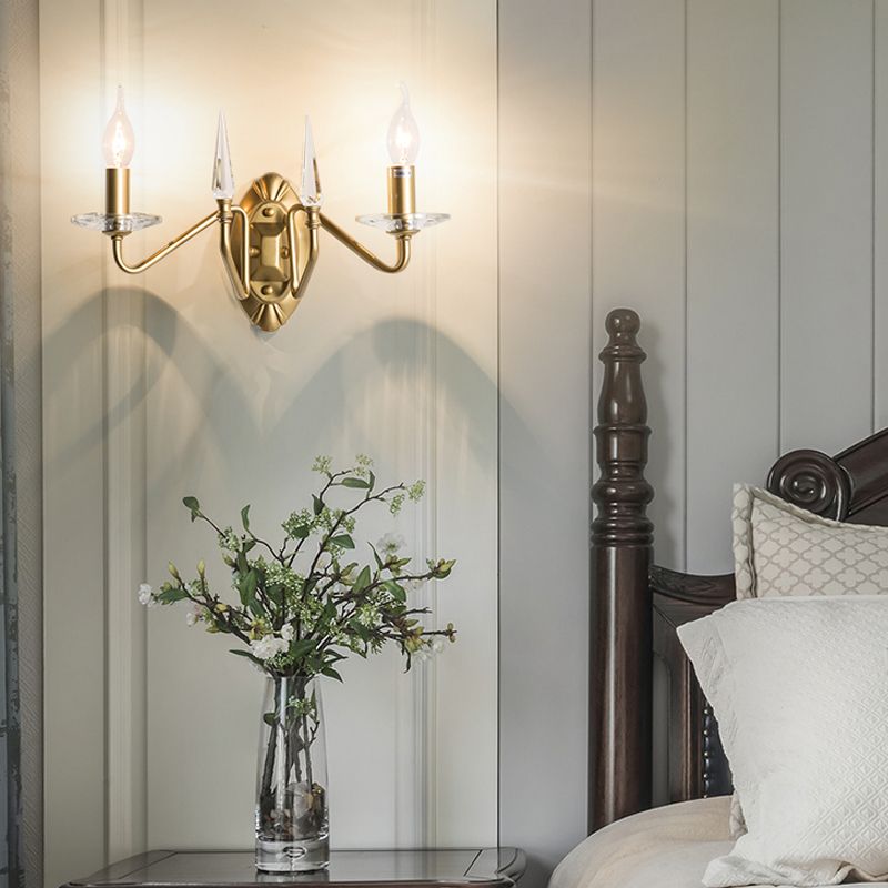 Candle Sconce Lamp Traditionary Metal 2 Heads Wall Lighting Fixture in Gold with Curved Arm