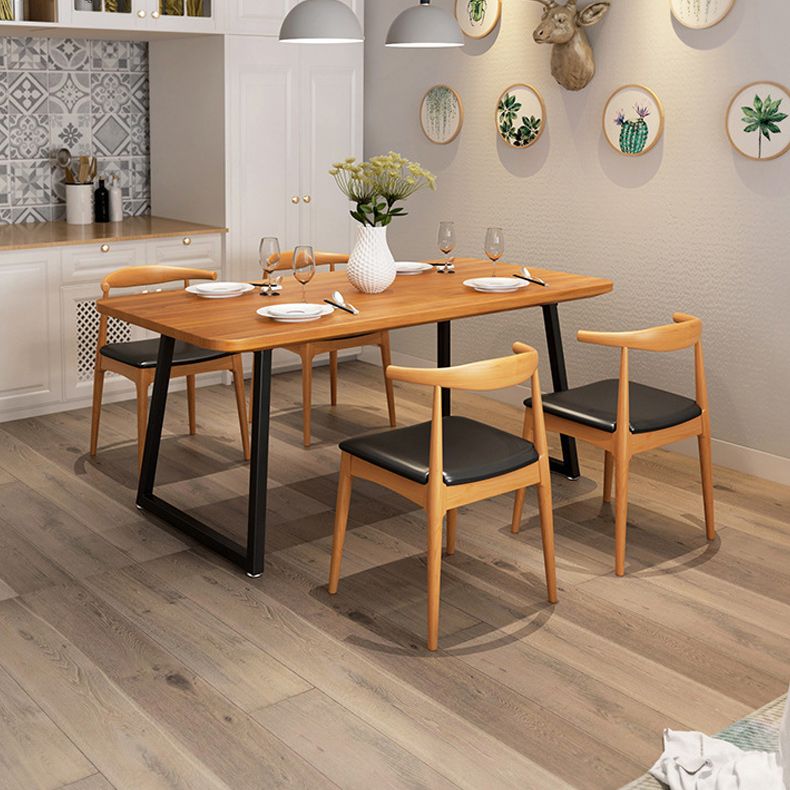 Pine Wood Top Dining Table Industrial Rectangle Table with Sled Base in Black