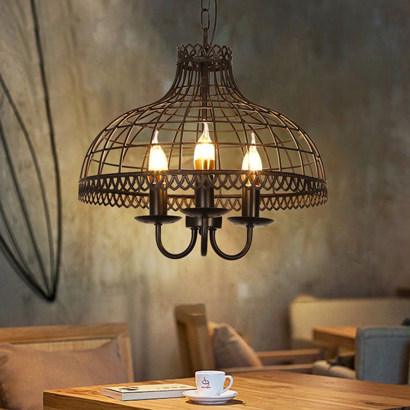 Cage Shaped Restaurant Chandelier Light Fixture Industrial Metal Black Pendant Light Fixture