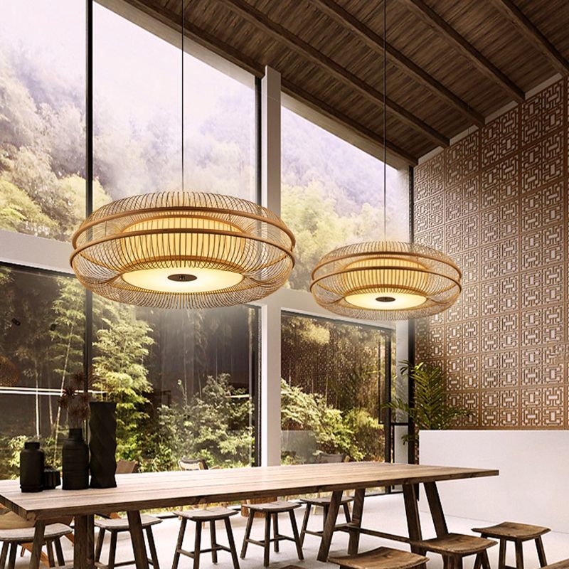 1-Light Japanese Suspended Lighting Fixture Drum Pendant Light Kit for Dining Room