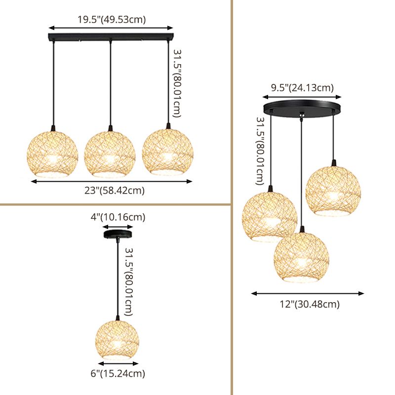 Beige Globe Pendant Lamp Fixture Minimalist Rattan Suspension Light for Dining Room