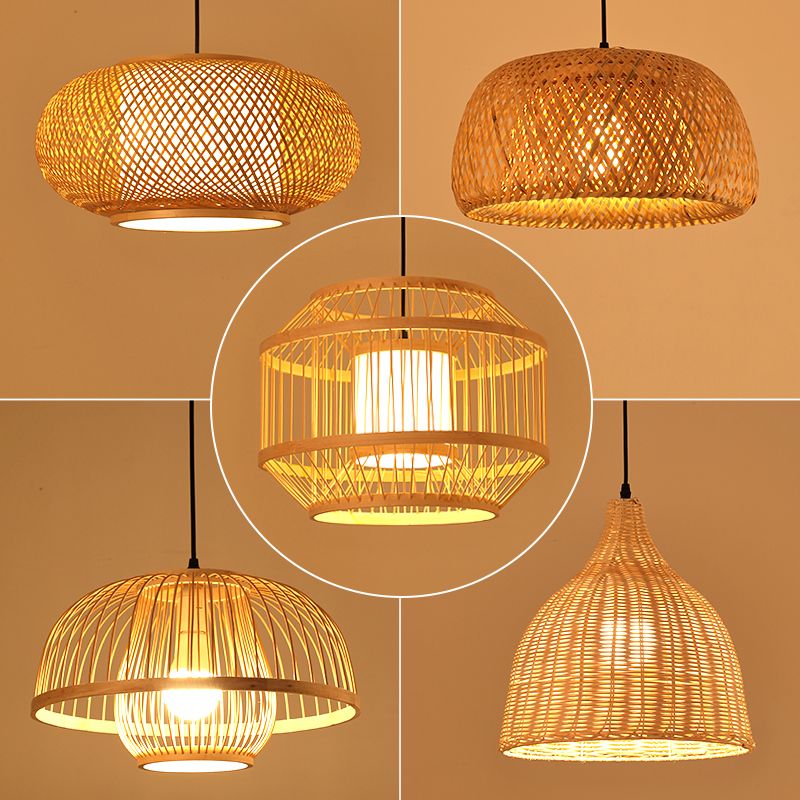 Asian Style Handmade Ceiling Light Bamboo 1 Bulb Restaurant Hanging Light Fixture in Wood