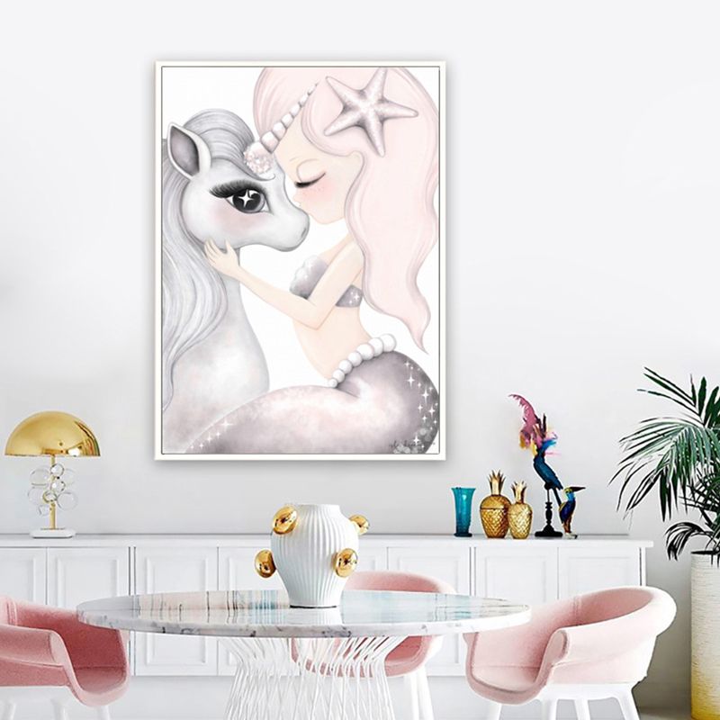Cartoon Pony Painting Canvas Wall Art Pink Fantasy Wall Decor for Baby Girls Room