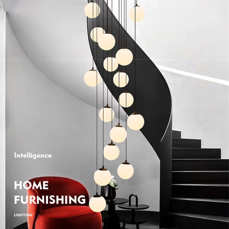 White Glass Cluster Globe Pendant Simplicity Black Multi-Light Ceiling Lamp for Staircase