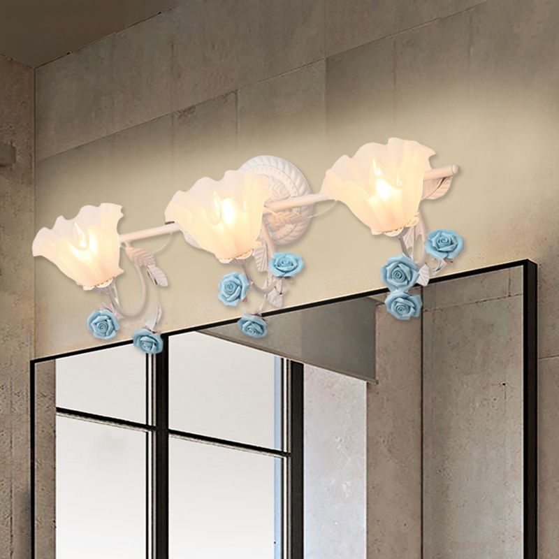 Ruffle Bathroom Wall Mount Light American Flower Frosted Glass 2/3-Head Pink/Blue Vanity Sconce