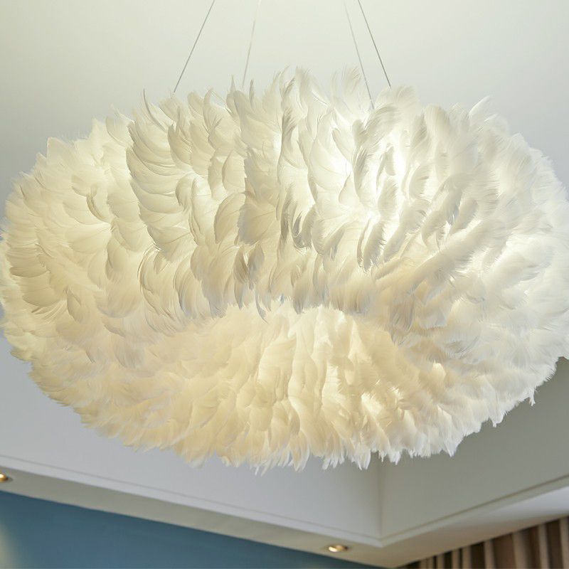 Simplicity Round Chandelier Pendant Light Feather Girls Bedroom Hanging Light in White