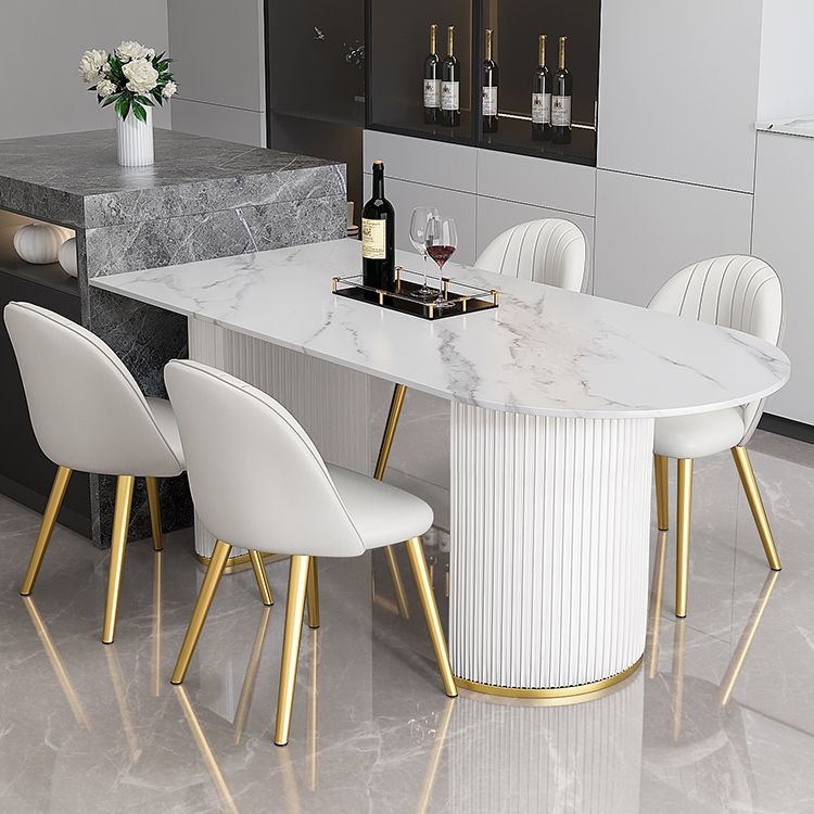 Mesa de forma de comedor de piedra sinterizada de estilo contemporáneo con base de doble pedestal