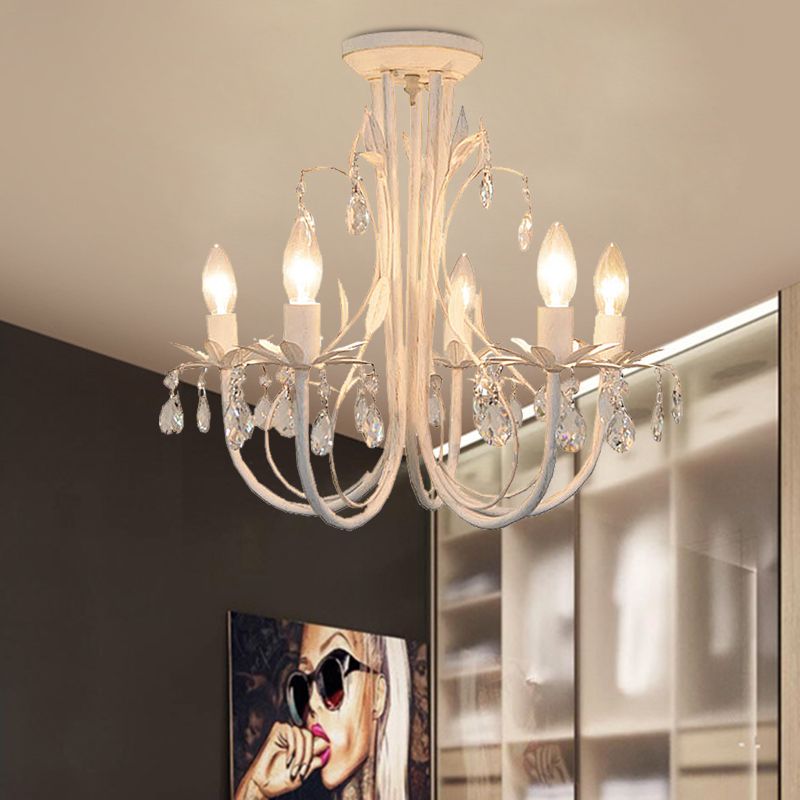 Candlestick Dining Room Semi Flush Light Contemporary Crystal Raindrop 5 Lichten wit dicht bij plafondlicht