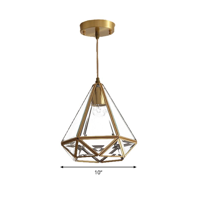 8"/10" Wide 1 Light Pendant Lighting Fixture Diamond Classic Clear Glass Hanging Lamp Kit in Brass