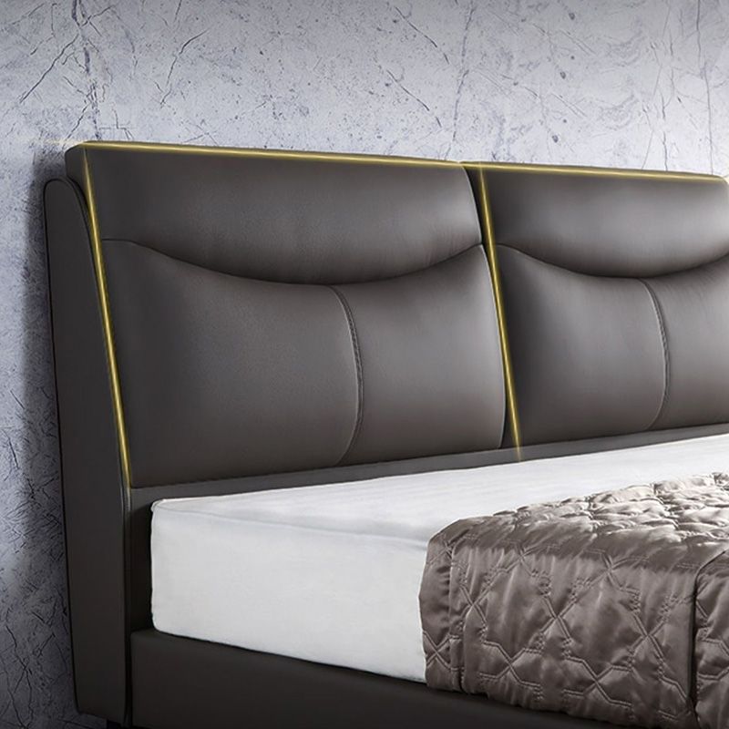 Genuine Leather Panel Bed Solid Color Upholstered Headboard Standard Bed