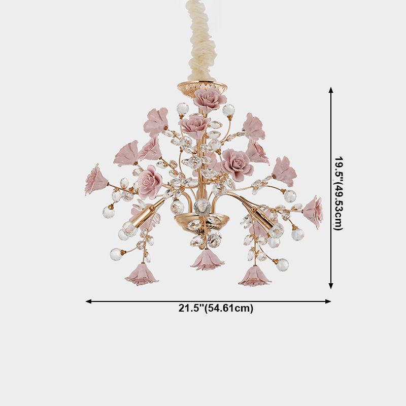 Luxury Crystal Chandelier Rural Ceramic Flower Living Room Hanging Light in Pink