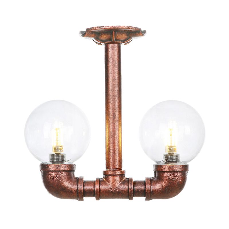 2 Heads Clear Glass Semi Flush Mount Industrial Copper Finish Orb Corridor Ceiling Flush