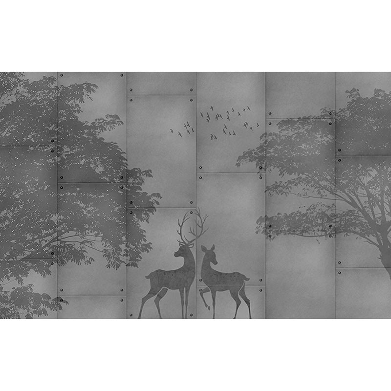 Traditional Deer and Forest Mural in Grey Non-Woven Fabric Wall Covering for Home Decor, Custom-Made