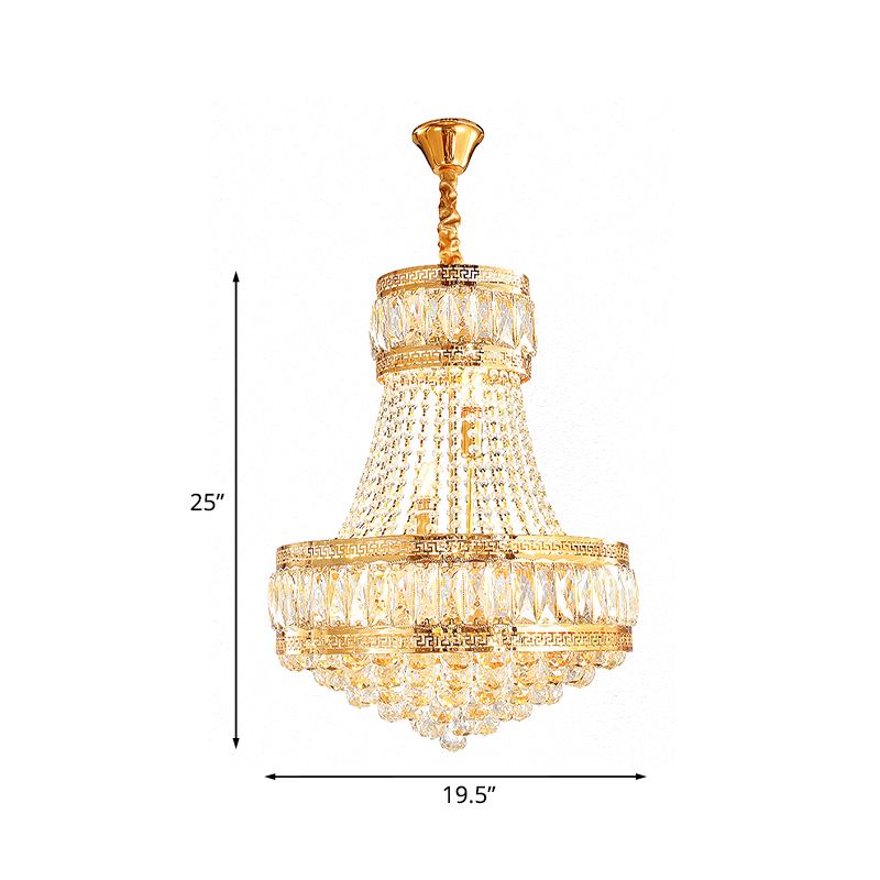 Crystal Basket Shaped Chandelier Vintage 8-Bulb Parlor Hanging Ceiling Light in Gold