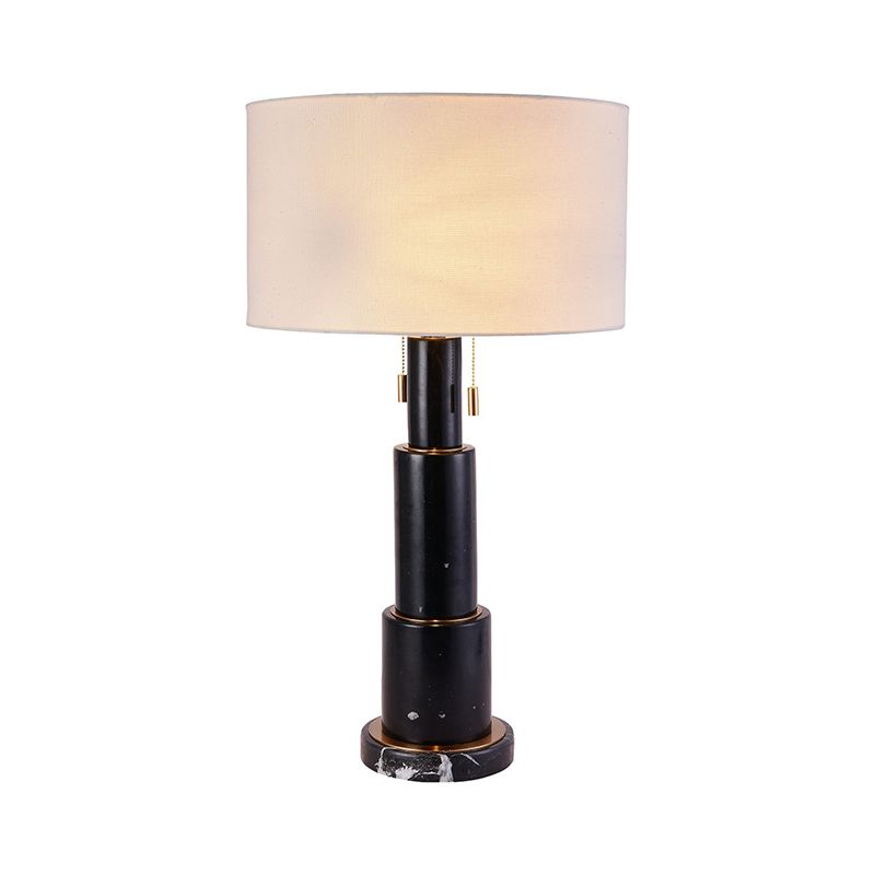 3-Tier Column Marble Night Lamp Minimalist 1 Bulb Black/White Pull-Chain Table Light with Drum Fabric Shade