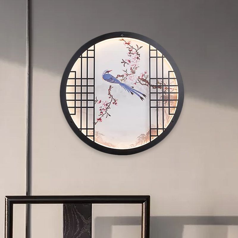 Round Ultrathin Bedroom Wall Art Fabric LED Chinese Mural Light with Bird and Flower Branch Pattern in Black