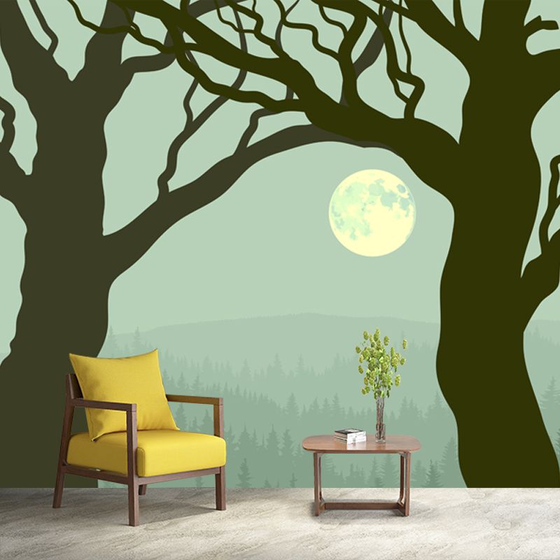 Large Moon Night Mural Wallpaper Turquoise Non-Woven Wall Art, Waterproof, Custom Made