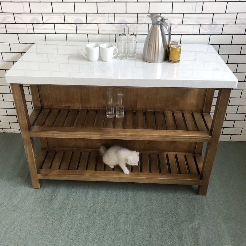 Pine Wood Rectangular Kitchen Island Table with Open Storage