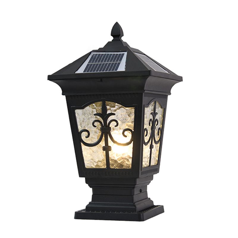 1-Light Pillar Lamp Aluminum Solar Lighting Fixture with Glass Shade for Garden