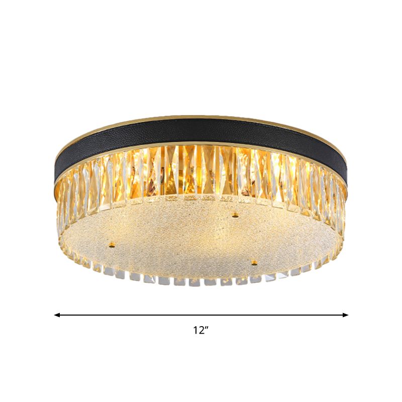 Rectangle-Cut Crystal Drum Flush Light Contemporary 3/4 Heads Gold Ceiling Flush Mount, 12"/16" Wide