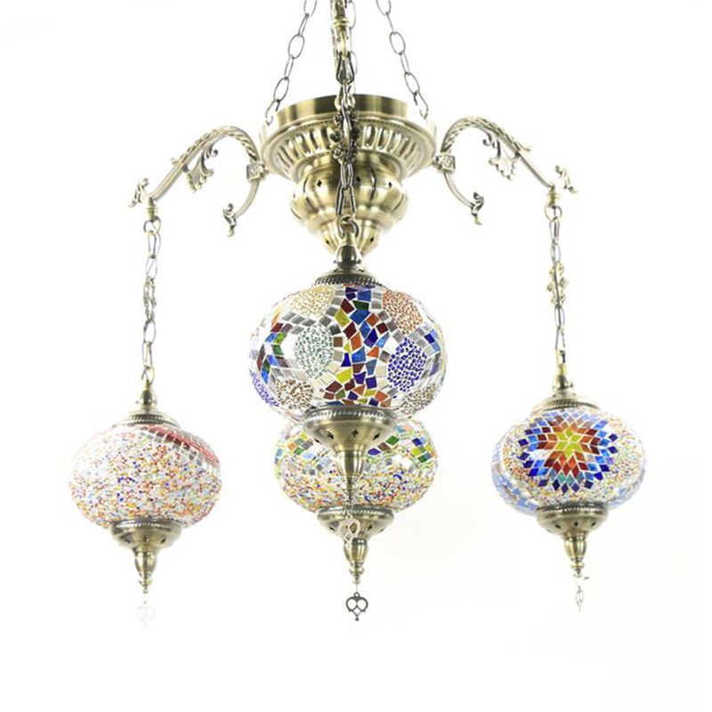 Traditional Lantern Hanging Chandelier Colorful Glass 4 Bulbs Suspension Light in Brass for Living Room
