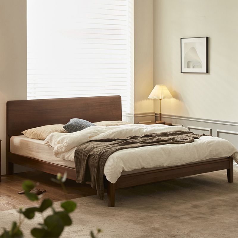 Solid Wood Standard Bed in Brown Panel Bed with Rectangular Headboard