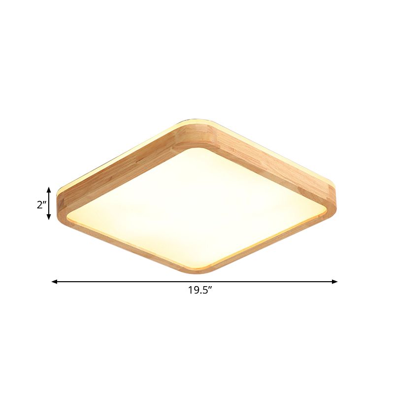 Round Corner Wood Flush Light Fixture Nordic Beige LED Surface Mount Ceiling Lamp with Acrylic Diffuser, 16/19.5 Inch Wide