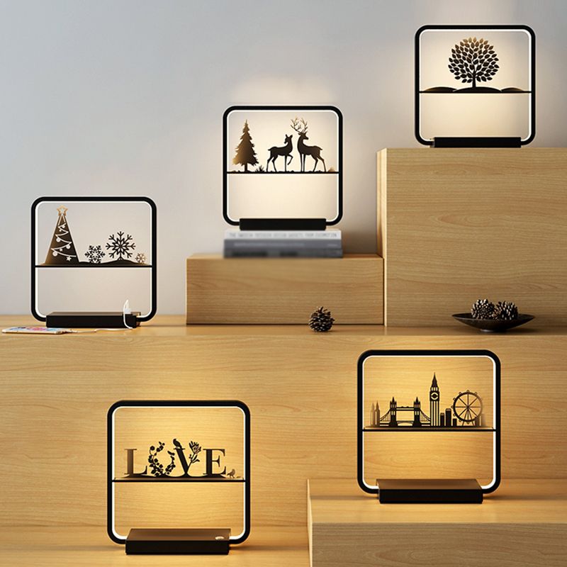 Art Decor Rectangular Night Table Lamp Bedside Black LED Wireless Charger with USB Port