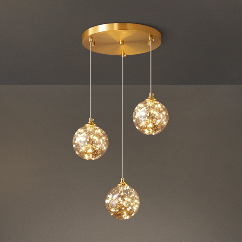 Lámpara de suspensión global de acabado de latón Nordic Amber Glass Led Starry Pends Lighting for Bedroom