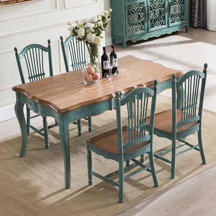 Traditional Wooden Dining Room Set Standard Height with Rectangle Top and Blue Base Dining Furniture