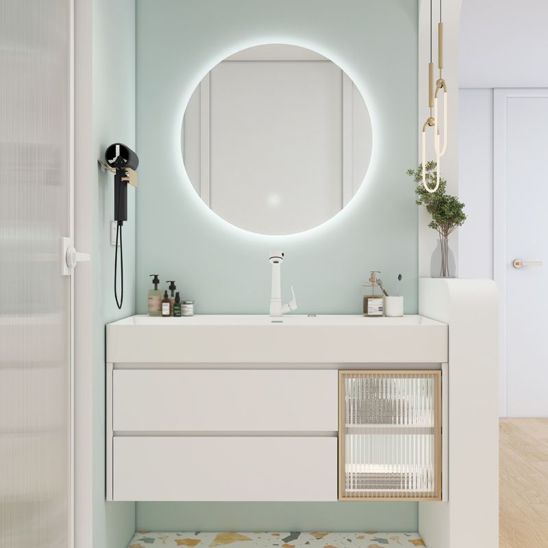 White Bathroom Vanity Mirror Rectangle Single Sink Wall Mount 2 Drawers Vanity with Door