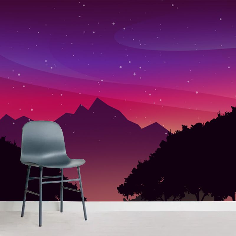 Modern Forest Starry Night Mural Purple-Red Stain Resistant Wall Art for Bedroom