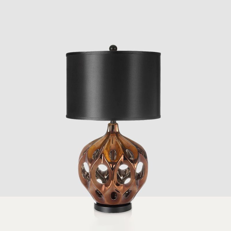 Ceramic Hollowed Out Jar Nightstand Lamp Retro 1-Bulb Bedroom Table Lighting in Gold/Rose Gold with Black Drum Shade