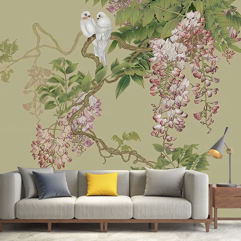 Romantic Wisteria Mural Wallpaper for Gallery, Green and Purple, Made to Measure