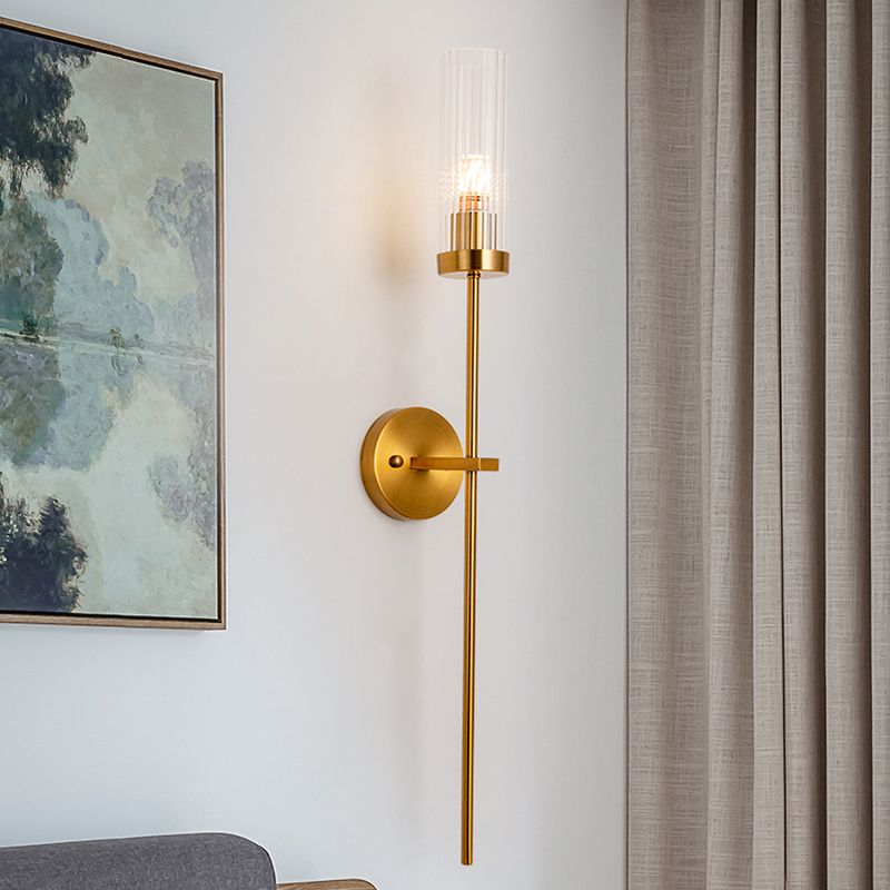 1-Light Torch Design Wall Light, Brass Finish with Cylinder Shaped Glass Shade