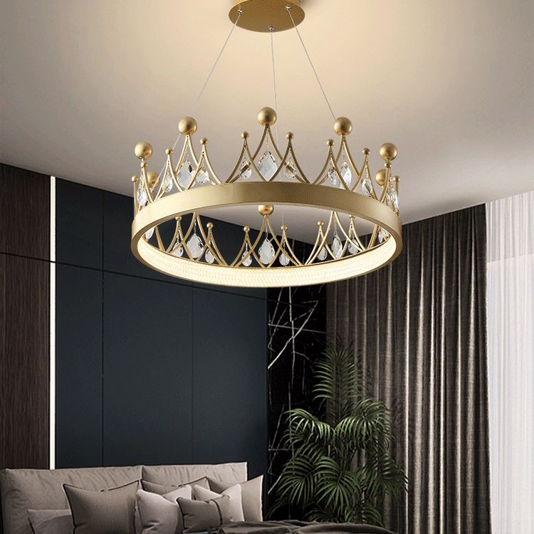 Gold Finish Crown Shaped Chandelier Minimalist Crystal LED Hanging Lamp for Bedroom
