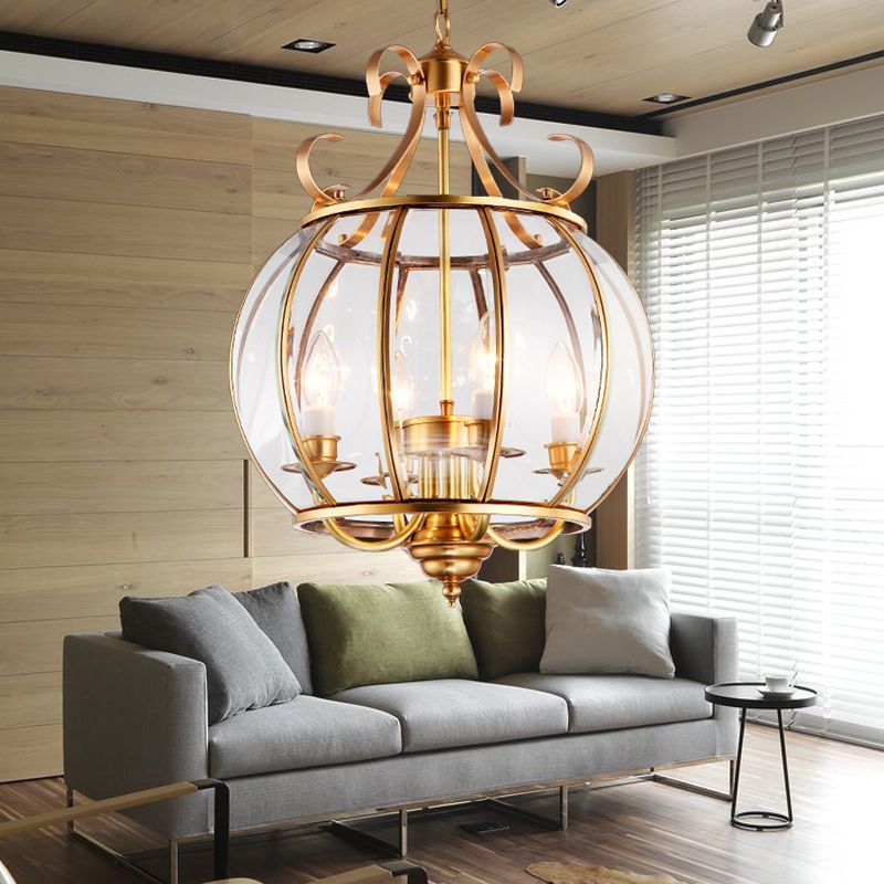 Lampe à lustre mondiale en verre transparent moderne 4 bulbes en laiton Éclairage pendentif en laiton pour le salon