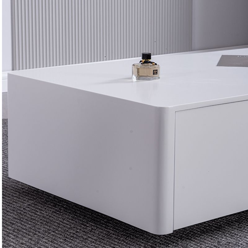4 Drawers Contemporary Coffee Table in White Solid Wood 13.8" H Cocktail Table