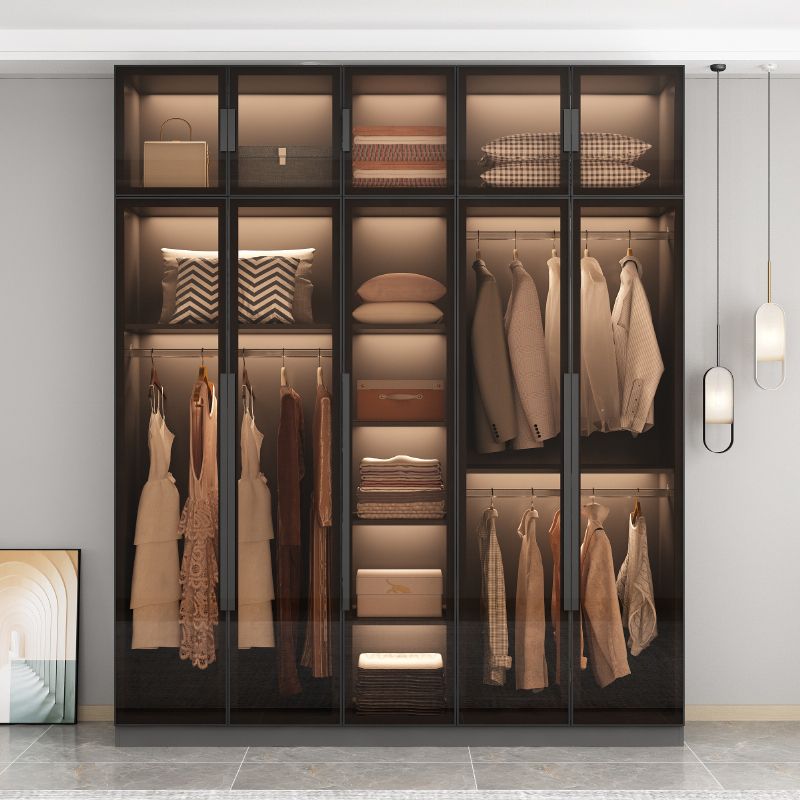 Freestanding Grey Wood Frame Wardrobe Modern Multifunctional Wardrobe with Glass Doors