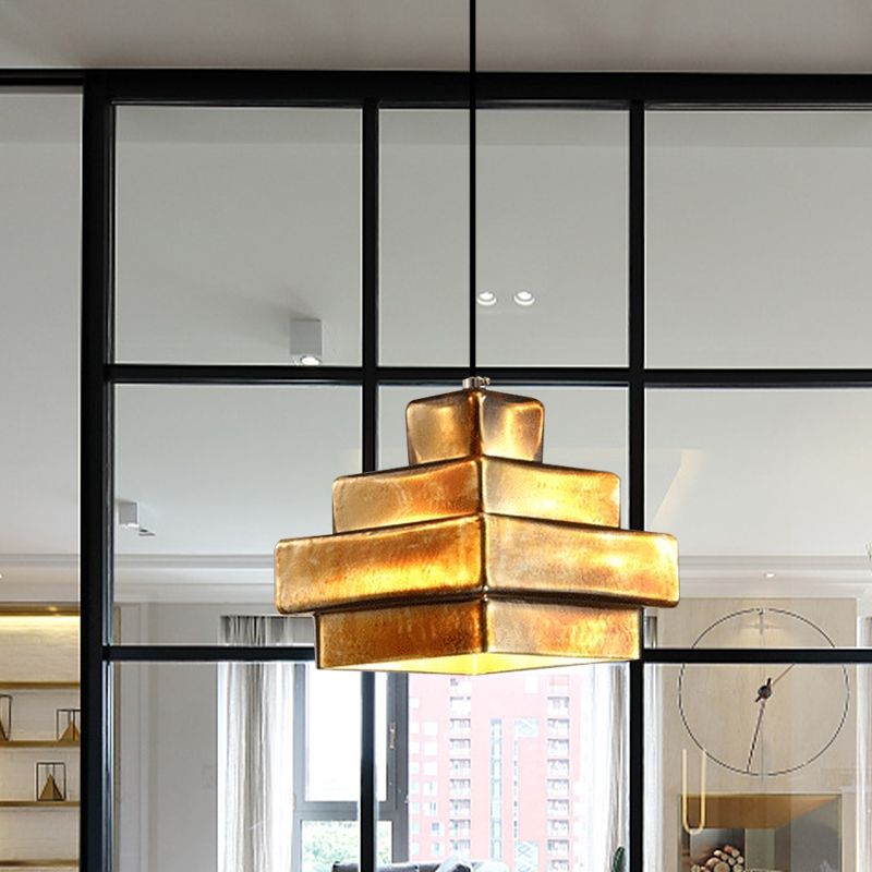 Brass Finish 1 Light Hanging Light with Shade Vintage Style Metallic Pendant Lighting for Restaurant