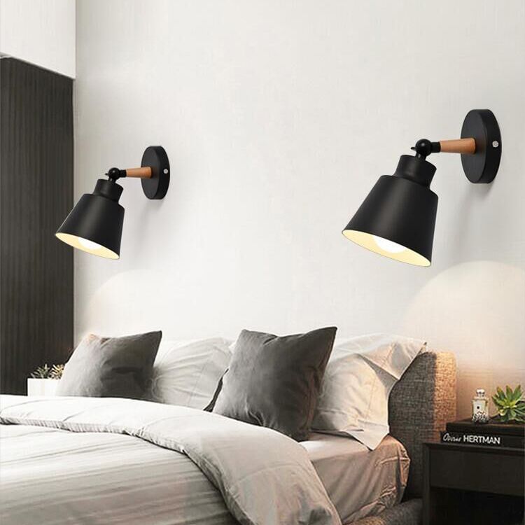 Nordic Macaroon Style Sconce Lights Conical Metal Shade Single Bulb Wooden Wall Mount Lamp for Bedroom