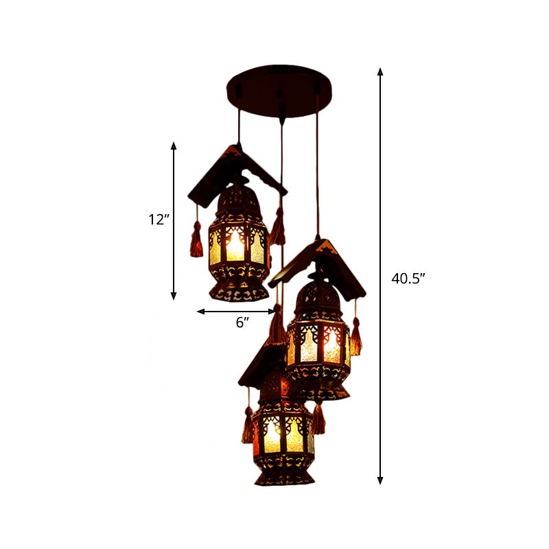 Lantern Metallic Chandelier Lamp Decorative 3 Heads Living Room Hanging Light Fixture in Bronze with Wood Roof