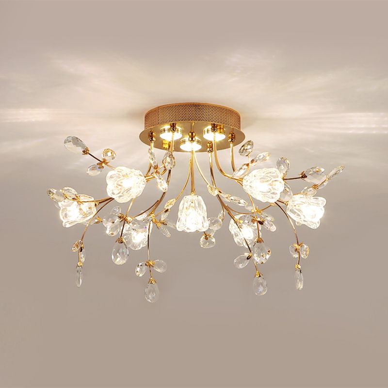 Blüte großer Raum halb Flush Mount Facetted Crystal 7 Köpfe Moderne in der Nähe der Deckenbeleuchtung in Gold