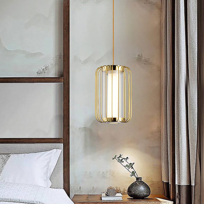1-Head Pendant Lighting Colonialism Cylinder Clear Glass Hanging Lamp Kit with Metal Frame for Bedroom