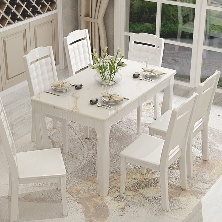 Set da pranzo in marmo in stile contemporaneo con tavolo fisso bianco e base a 4 gambe per uso domestico