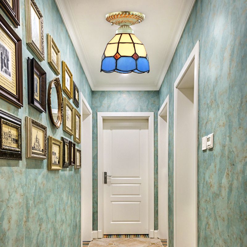 Dome Shape Ceiling Light Fixture Vintage Stained Glass 1 Light Ceiling Fixture in Orange/Blue for Hallway